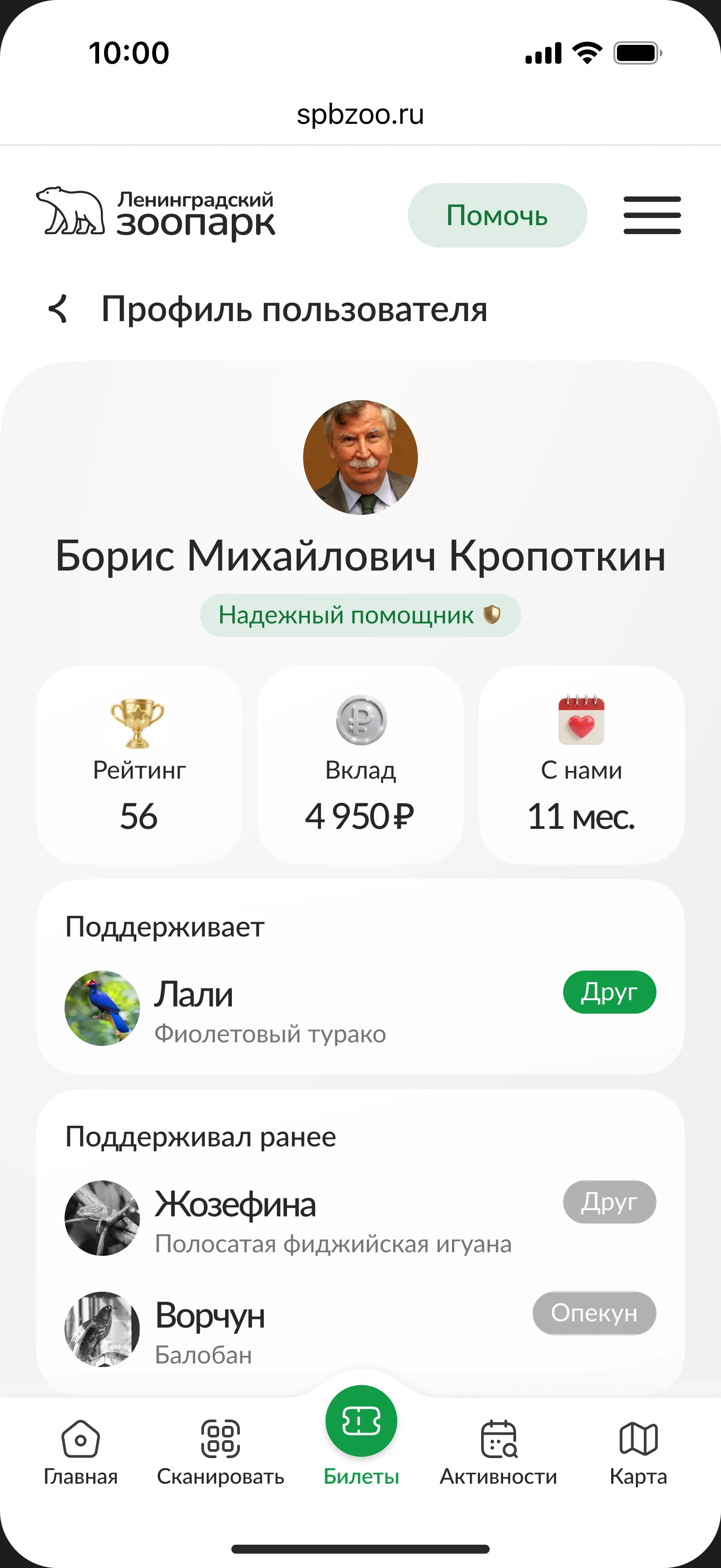 Профиль пользователя: рейтинг, вклад, срок помощи и список подопечных