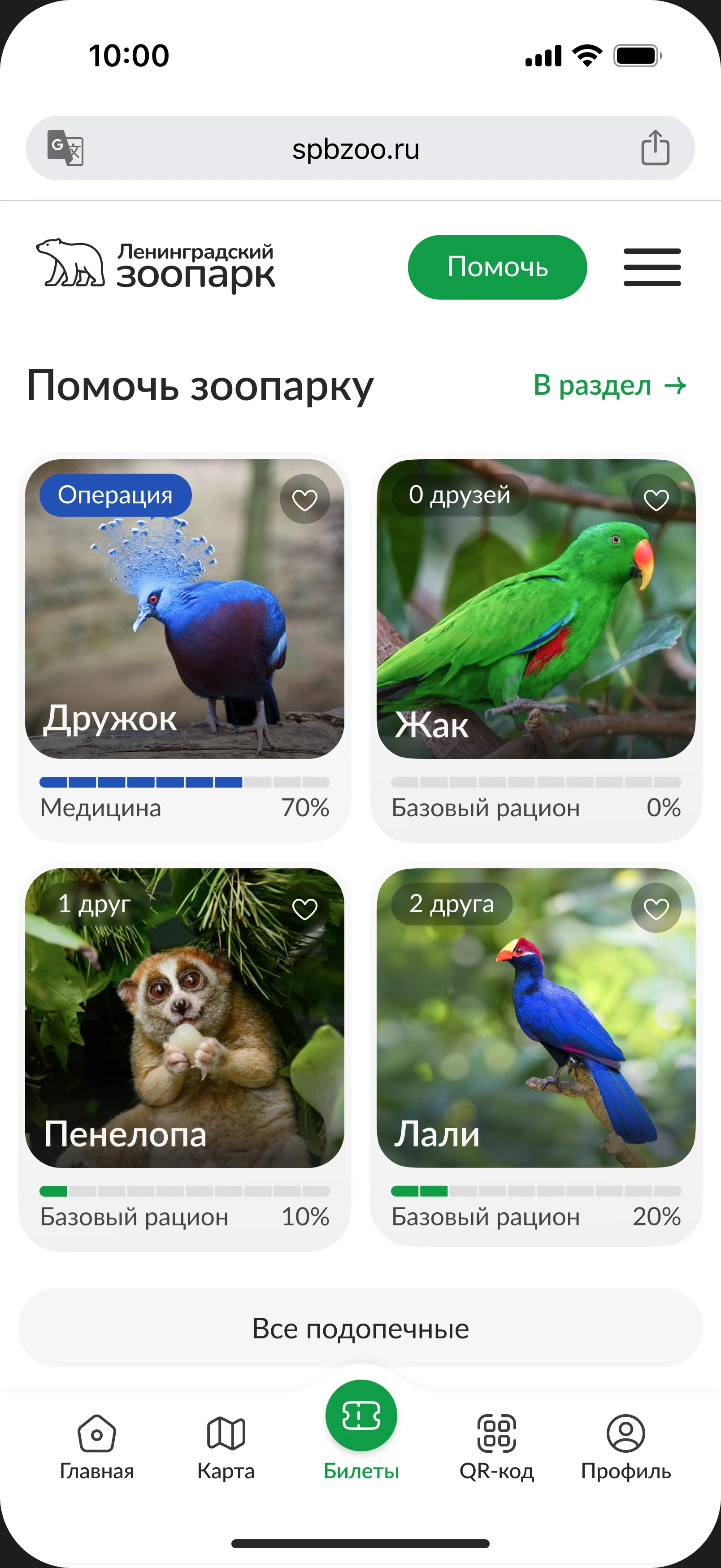 Блок «Помочь зоопарку» на главной: ссылка «В раздел», карточки подопечных с бейджами и прогрессом сбора